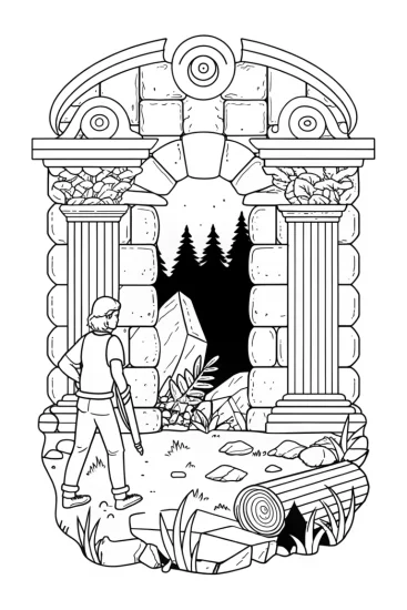 A coloring page of Steve discovers ancient ruins