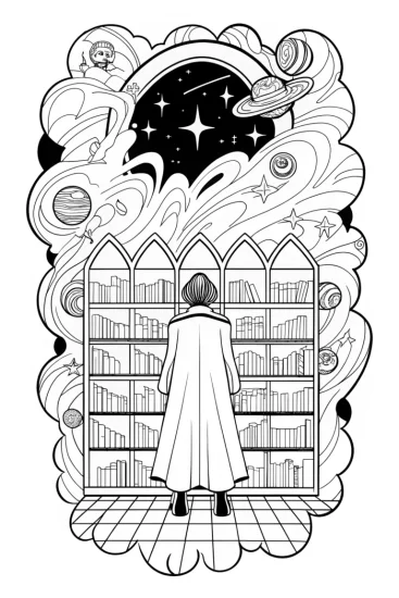 A coloring page of Star Whisperer in a cosmic library
