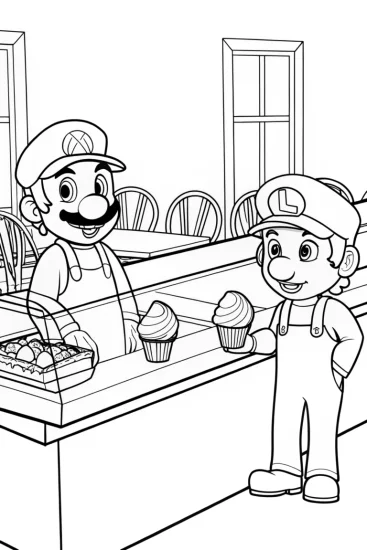 A coloring page of Mario and Luigi ice cream parlor