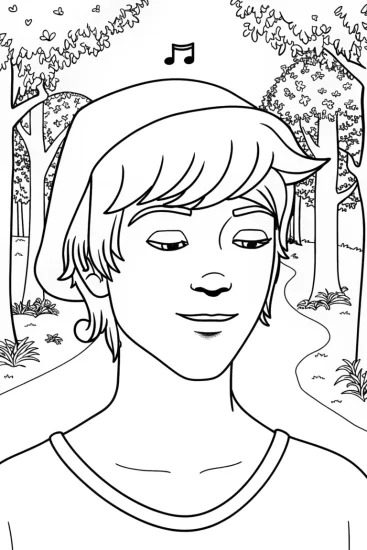 A coloring page of JJ in the musical forest