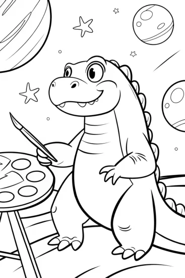 A coloring page of Godzilla painting in space