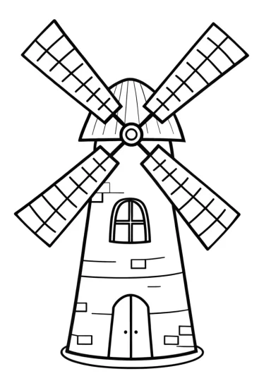 A coloring page of Wednesday Addams in a windmill