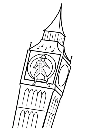 A coloring page of Miles Morales at the clock tower
