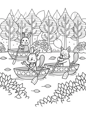 Woodland creatures leaf boat race coloring pages