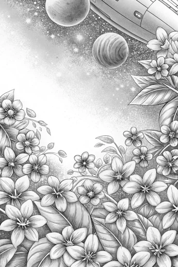 A coloring page of Flowers on a space expedition