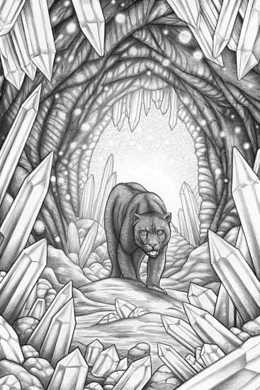 A coloring page of Black Panther in a crystal cavern