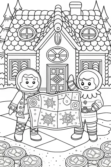 A coloring page of Gingerbread explorers treasure map
