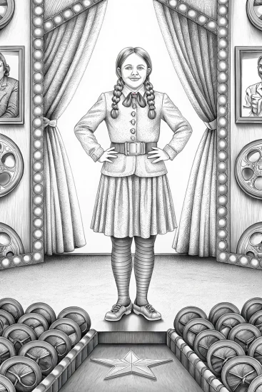 A coloring page of Wednesday Addams hosting a film festival