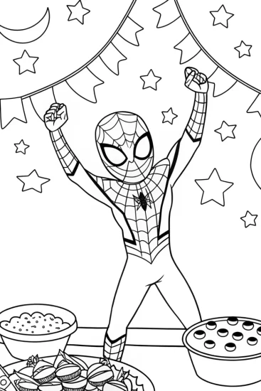 A coloring page of Miles Morales at the cosmic food festival