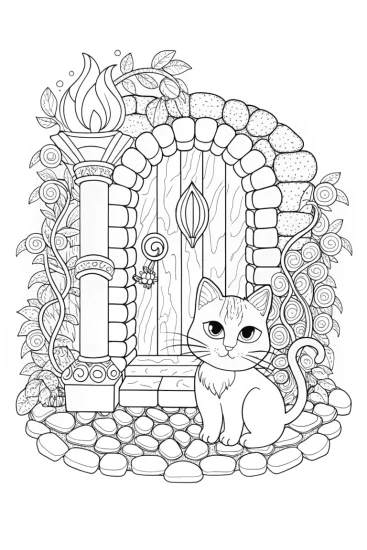 A coloring page of Whiskers the Cat’s magical portal