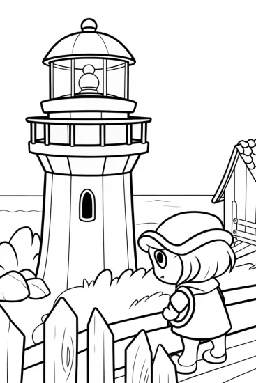 A coloring page of My Melody’s lighthouse adventure