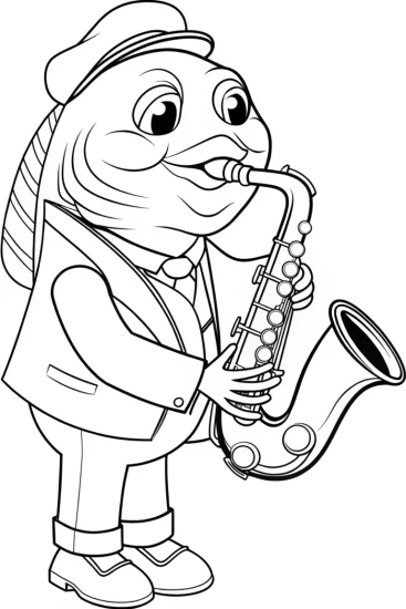 A coloring page of Rainbow fish playing saxophone