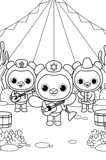 A coloring page of Octonauts underwater music festival