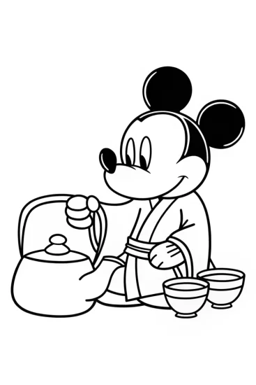 A coloring page of Mickey Mouse tea ceremony