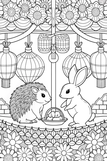 A coloring page of Hedgehog and rabbit spring festival