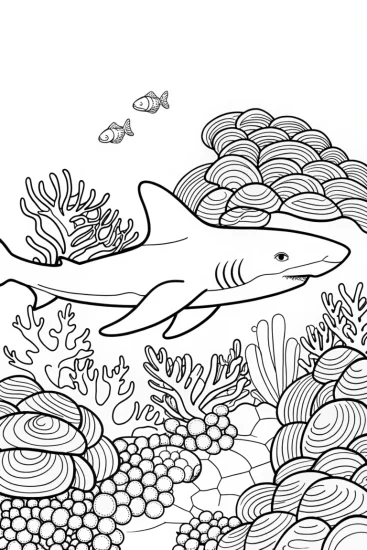 A coloring page of Shark in a coral garden