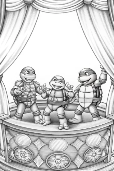 A coloring page of Teenage Mutant Ninja Turtles puppet show