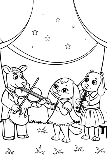 A coloring page of Animal orchestra under the moonlight