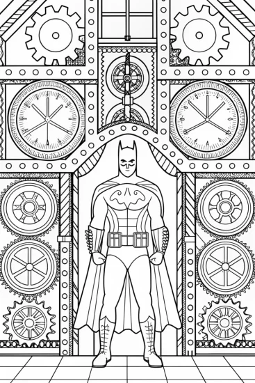 A coloring page of Batman in a magical clock workshop