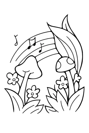 A coloring page of JJ in a magical music garden