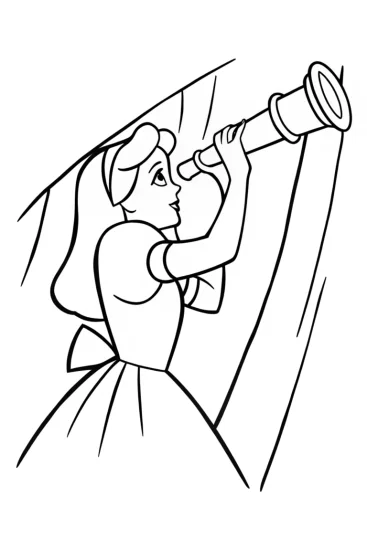 A coloring page of Alice discovering a magical telescope