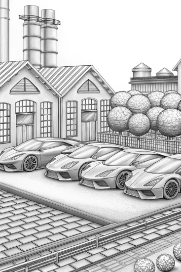 A coloring page of Lamborghini candy factory scene