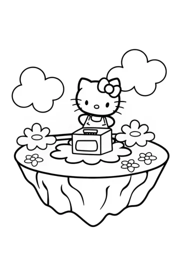 A coloring page of Hello Kitty baking on a floating island