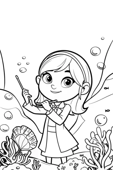 A coloring page of Melody conducting an underwater orchestra