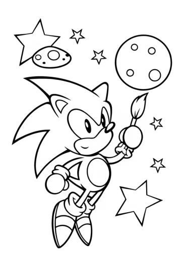 A coloring page of Sonic painting in space