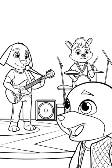 A coloring page of Animals hosting a summer concert