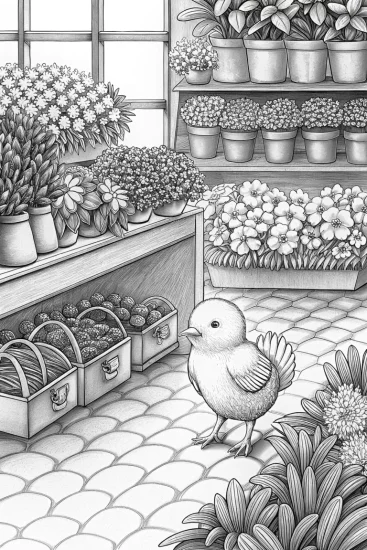 A coloring page of Chick running a flower shop