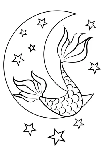 A coloring page of Little Mermaid in a starry ocean