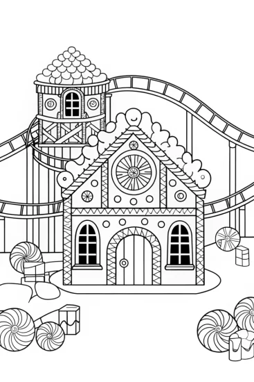 A coloring page of Gingerbread house roller coaster