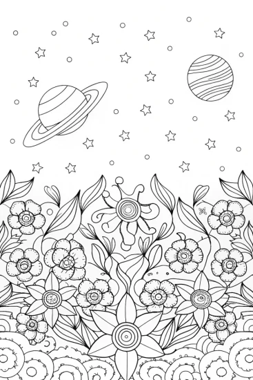 A coloring page of Cosmic garden adventure
