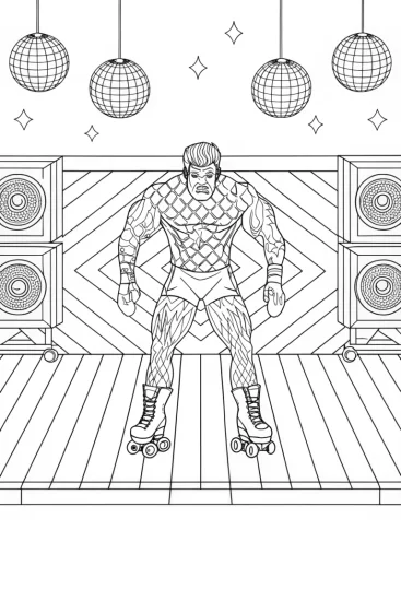 A coloring page of Hulk roller skating at disco