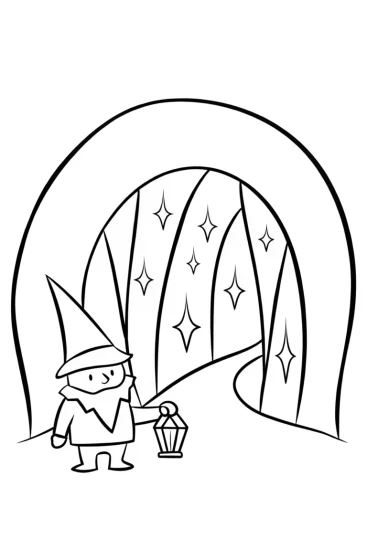 A coloring page of Gnome exploring a crystal cavern