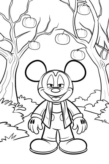 A coloring page of Mickey Mouse in a haunted orchard