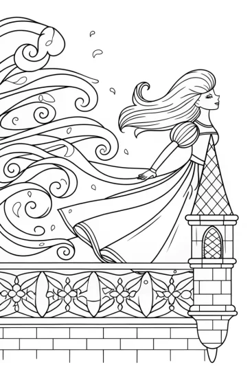 A coloring page of Princess dancing with the winds