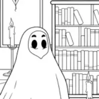 Ghost librarian in a spooky library