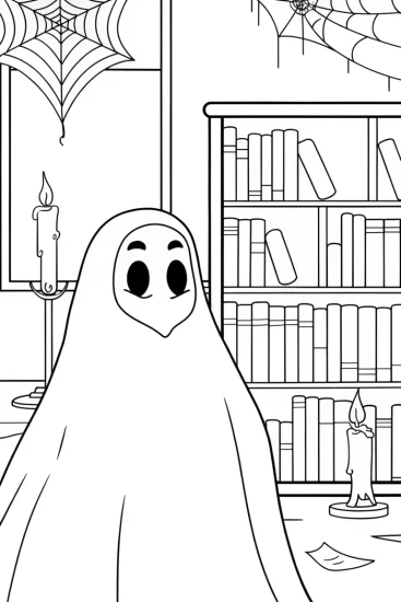 A coloring page of Ghost librarian in a spooky library