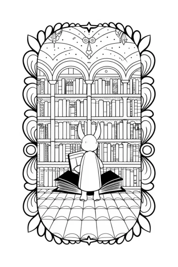 A coloring page of Mewtwo exploring a magical library