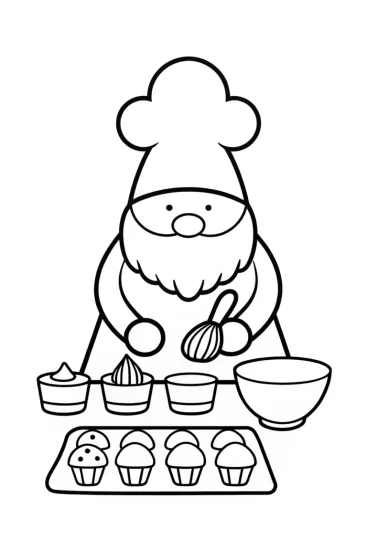 A coloring page of Gnome chef crafting desserts
