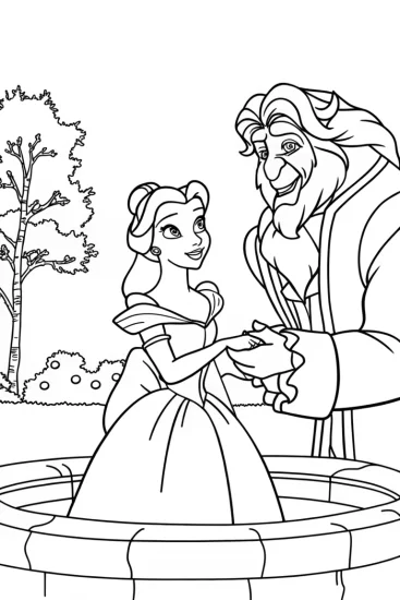 A coloring page of Belle and Beast by the crystal pond