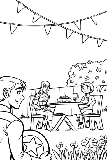 A coloring page of Captain America’s garden party