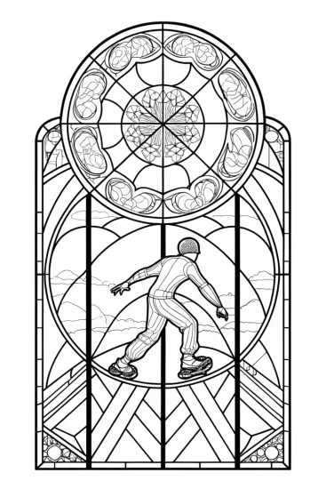 A coloring page of Miles Morales skateboarding through time
