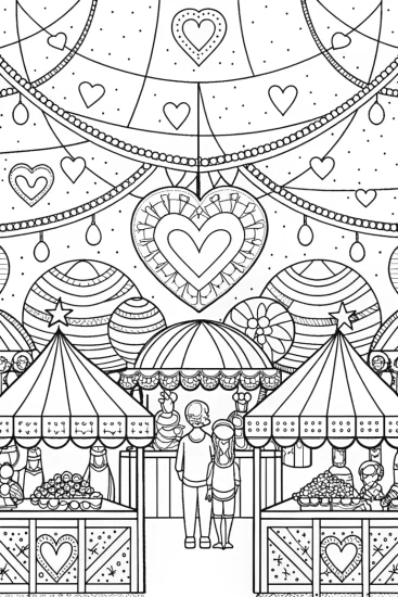 A coloring page of Galactic Valentine’s Market Scene