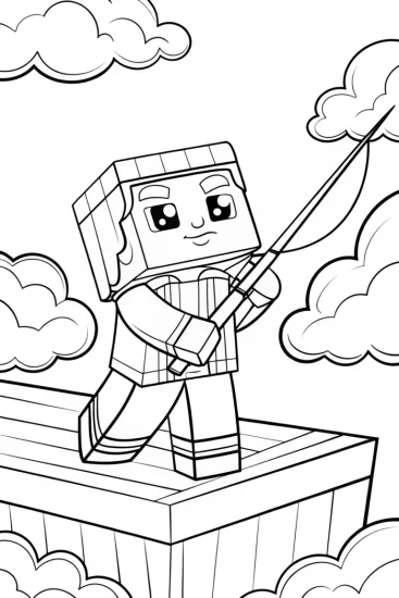A coloring page of Minecraft character fishing for clouds