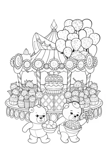 A coloring page of Care Bears food parade