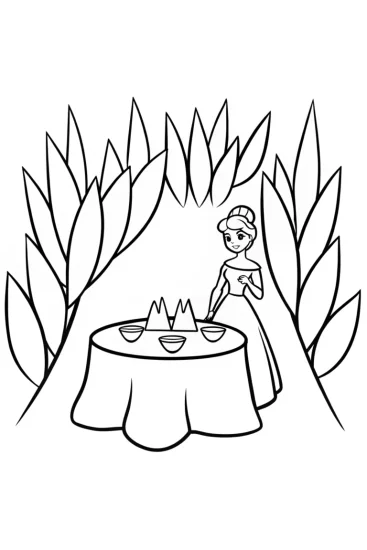 A coloring page of Elsa tea party in the ice garden
