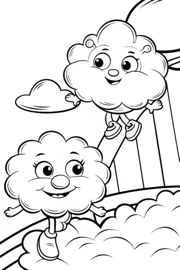 A coloring page of Fluffy clouds playing leapfrog